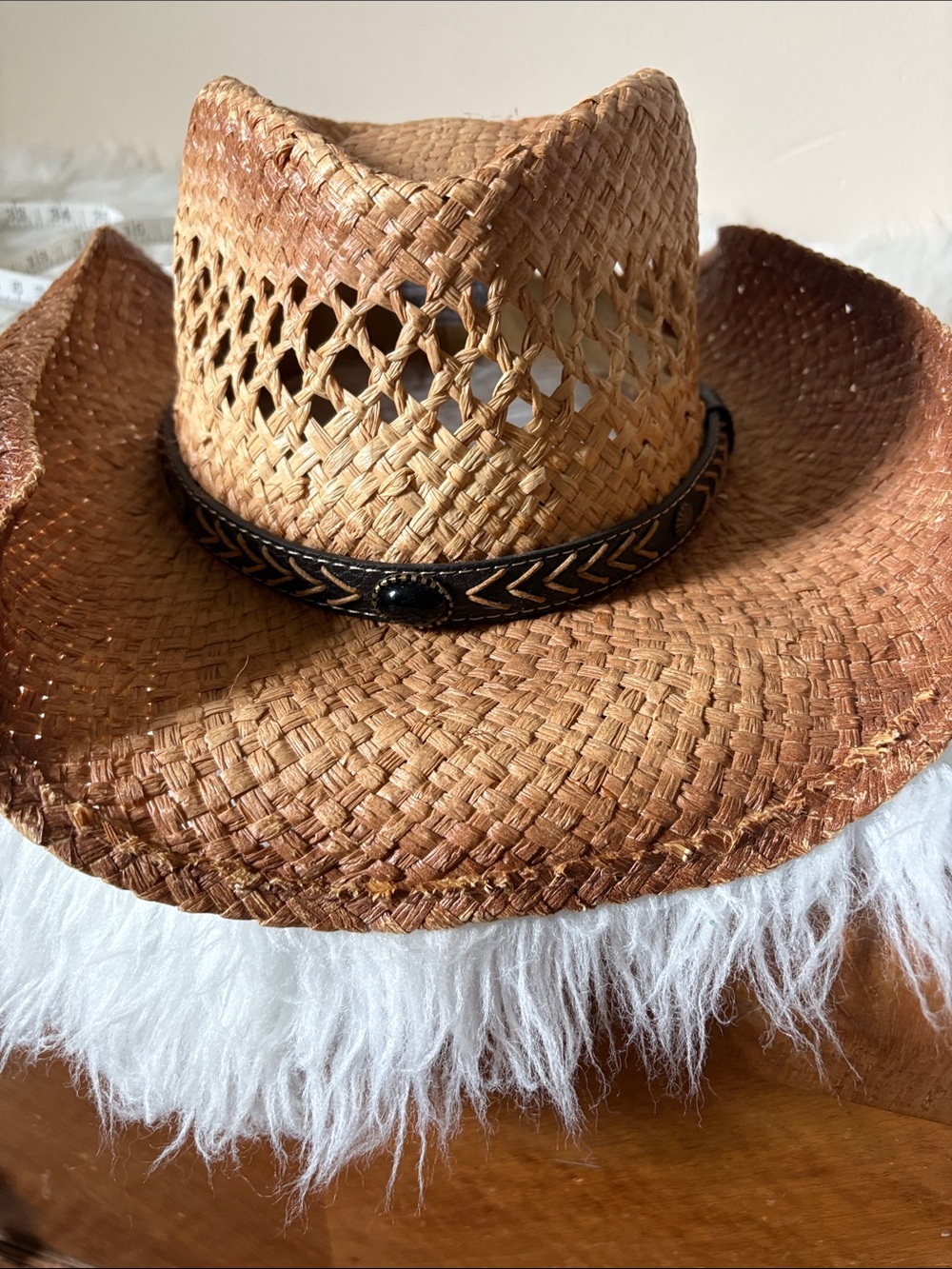 Woven Straw Western Hat with Decorative Band - Brown - Picture 9 of 9